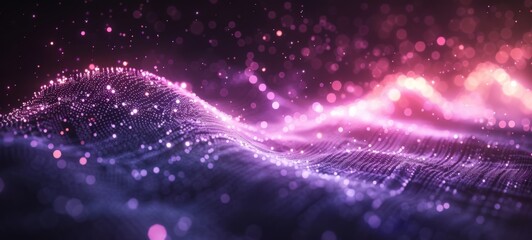Abstract purple particle blurred background. Big Data technology visualization. Neon Glowing Flow of data.