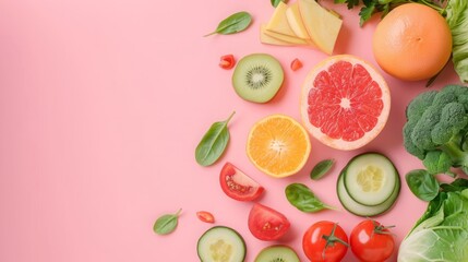 Naklejka premium Healthy food, vegetables and fruits, top view