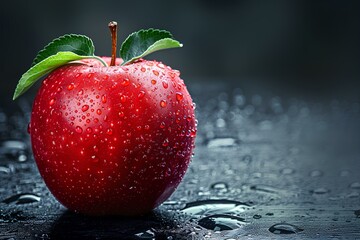 A red apple with a green leaf on