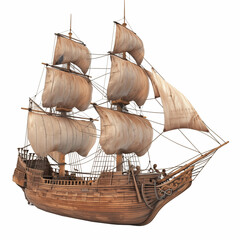 Pirate ship 3d. Front perspective of an old wooden pirate sailing ship isolated on a white background.