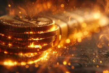 Bitcoin amidst sparkling golden lights