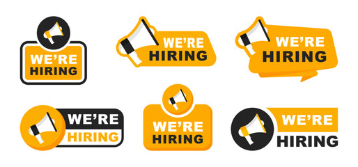 We are hiring badge. Recruitment advertising banner. Announcement job open vacancy. Banner for business, marketing and advertising. Vector illustration.