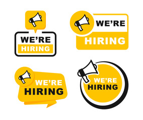We are hiring badge. Recruitment advertising banner. Announcement job open vacancy. Banner for business, marketing and advertising. Vector illustration.