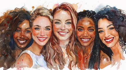 A group of women with different hair colors and styles are smiling for the camera. The painting captures the essence of diversity and unity among women