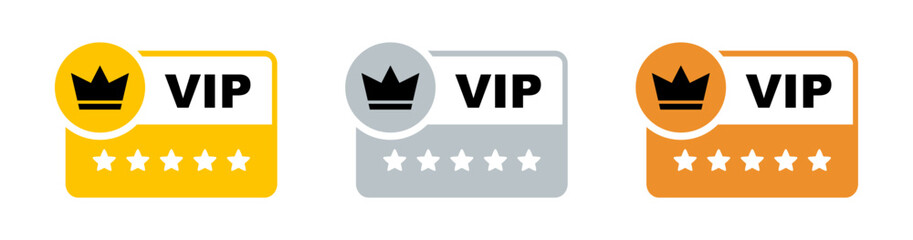 VIP label in gold, silver and bronze color. Vip icon with crown and stars. Vector sign.