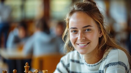 Bright, beautiful photograph of a young woman playing chess - 785666107