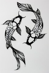 Two black and white fish with white fins. The fish are in a patterned design
