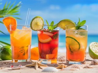 Assorted Drinks on Sandy Beach - 785666165