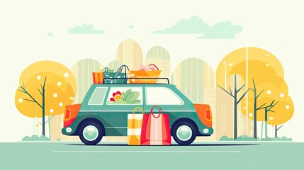 shopping bags in family car trunk in spring day. gifts, ai generated