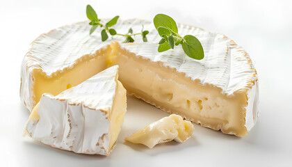 Pieces of tasty Camembert cheese on white background - obrazy, fototapety, plakaty