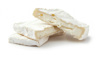 Pieces of tasty Camembert cheese on white background