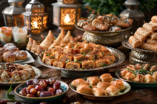 A table full of food with a variety of pastries and desserts. Scene is festive and celebratory, as it is a buffet for a special occasion
