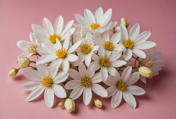 white flowers with yellow stamens on a pink background