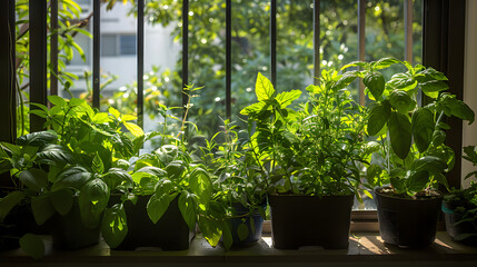 Fototapeta na wymiar A collection of rare and exotic herbs on a balcony including varieties like lemon verbena and Thai basil showcasing the thrill of botanical exploration.