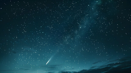 A comet streaking across the star-filled sky its tail glowing brightly.