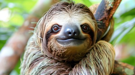 Naklejka premium Portrait a cute sloth animal hanging on tree branch in a rainforest. AI generated image