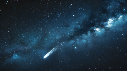 A comet streaking across the star-filled sky its tail glowing brightly.