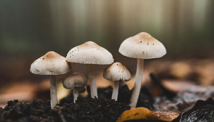 Fototapeta premium Close-up of group of little fresh mushrooms growing in fall rainy forest. Autumn season