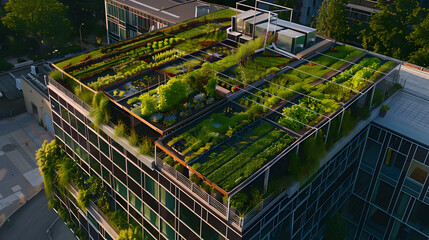 A community-based urban farm atop a commercial building utilizing hydroponics and vertical farming techniques to supply fresh produce to local businesses and residents.