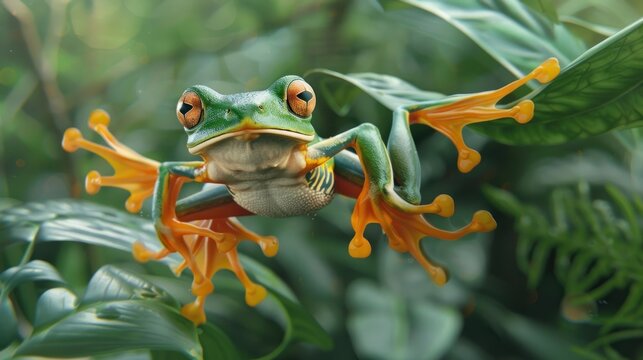 Portrait funny flying frog on sitting leaves at tropical rainforest. AI generated image
