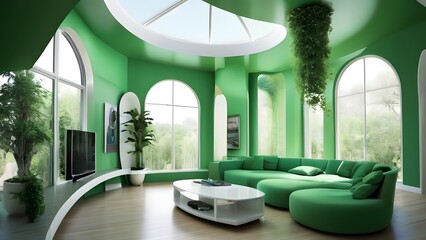 Modern Green Living Room with Natural Light, Indoor Plants, and Contemporary Furniture.