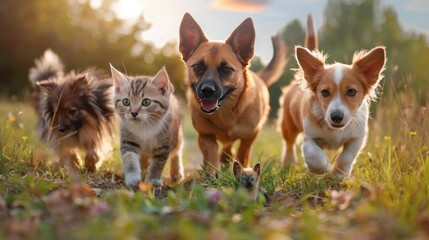 Group of happy pets cats and dogs walking together on the green grass at meadow. AI generated image - obrazy, fototapety, plakaty