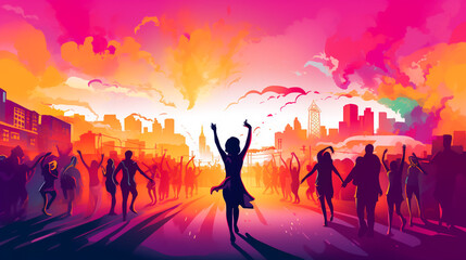 vector watercolor illustration of happy people dancing on holi dust in India .
 - obrazy, fototapety, plakaty