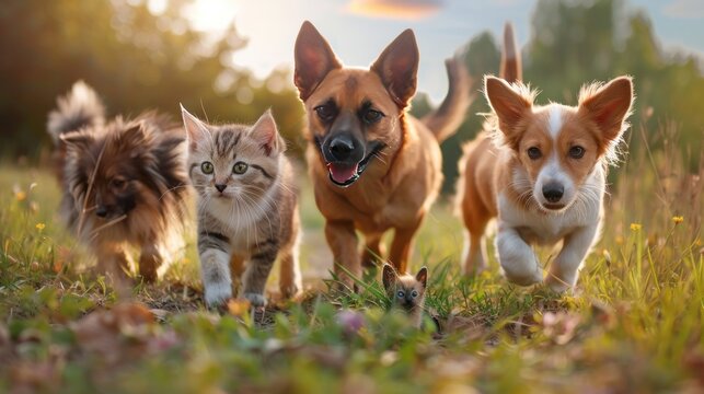 Group of happy pets cats and dogs walking together on the green grass at meadow. AI generated image