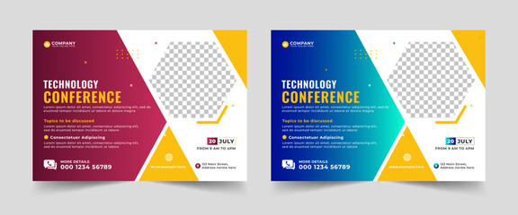 Technology conference webinar template and business event invitation flyer layout design, Online webinar, meeting or training promotion banner,
