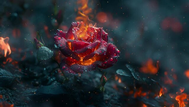 A red rose in the flames of a dark night