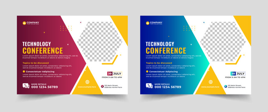 Technology conference webinar template and business event invitation flyer layout design, Online webinar, meeting or training promotion banner,