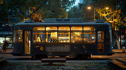 A converted vintage tram serving as a mobile coffee shop making stops at various cultural landmarks throughout the city blending the love for coffee with urban exploration.