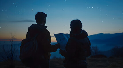 A couple using a star chart to find zodiac constellations on a clear spring night.
