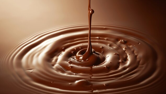 A swirl of chocolate cream with liquid pouring down, against a solid brown background Generative AI