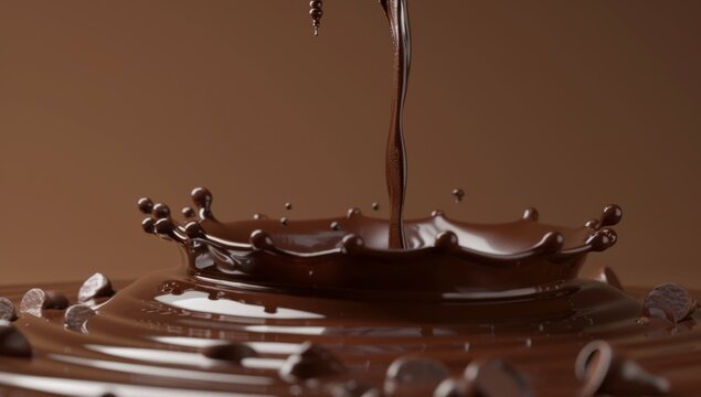 chocolate liquid, pouring and swirling on brown background With copy space Generative AI