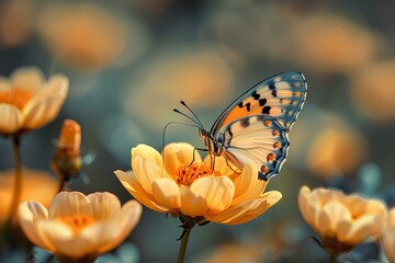 A butterfly sitting on a yellow flower in a field of flowers with blurry background and boke of
