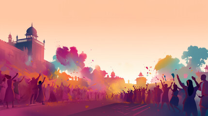 vector watercolor illustration of happy people dancing on holi dust in India .
 - obrazy, fototapety, plakaty