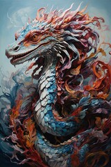Obraz premium Majestic dragon with scales that gleam like polished turquoise emerges from swirling mist of vibrant colors. Creatures eyes, imbued with intense gaze, radiate intelligence, ancient wisdom.