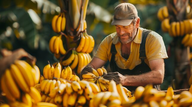 Man in hat picking bananas from a tree in the banana family