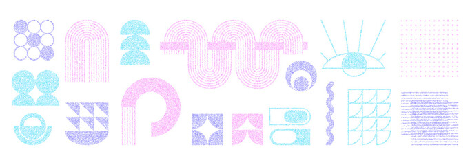 Set of noisy geometric shapes. Trendy 90s - 2000s style. Elements for posters, stickers, clothes.
