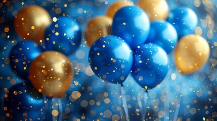 Artistic arrangement of blue and gold balloons and confetti on a blue background