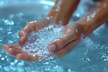 Fluid in human hands, leisure gesture with water, fun with liquid in fingers