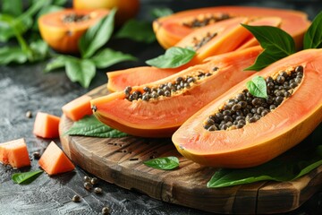 Fresh papaya slices on a leafadorned cutting board, a natural food ingredient