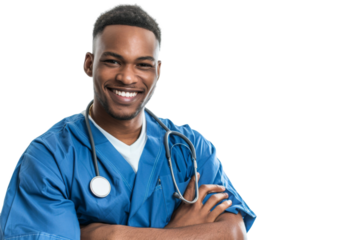 Studio Portrait of smiling Doctor with uniform outfits or laboratory white coat isolated on transparent png background.