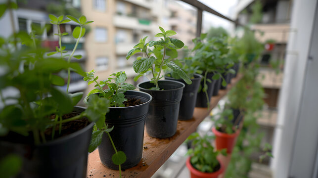 A creative balcony corner dedicated to aromatic herbs like lemon balm and peppermint in upcycled pots.