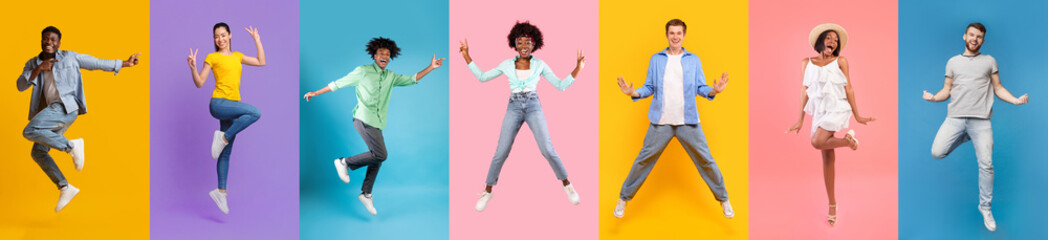 Vibrant Collage of Diverse People Jumping Against Colored Backgrounds