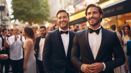 Two handsome men in formal attire smiling and walking confidently at an upscale outdoor social event. - obrazy, fototapety, plakaty