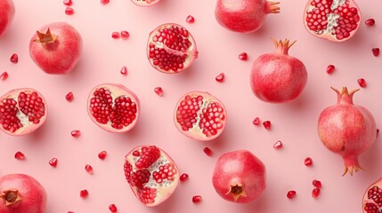 Pomegranate fruits top view on the pastel background - obrazy, fototapety, plakaty