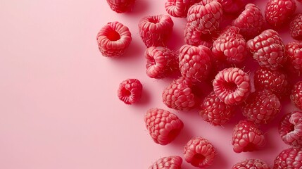 Raspberries fruits top view on the pastel background - obrazy, fototapety, plakaty