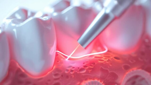 A laser dental tool precisely interacts with a tooth, illustrating cutting-edge technology in oral healthcare and the precision of contemporary dental treatments. Gum incision. Injection into the gum